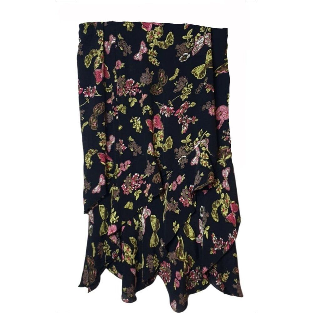 Stonebridge Womens Midi Skirt 10P Black MultiColor Floral Layer Ruffle Y2K Fairy